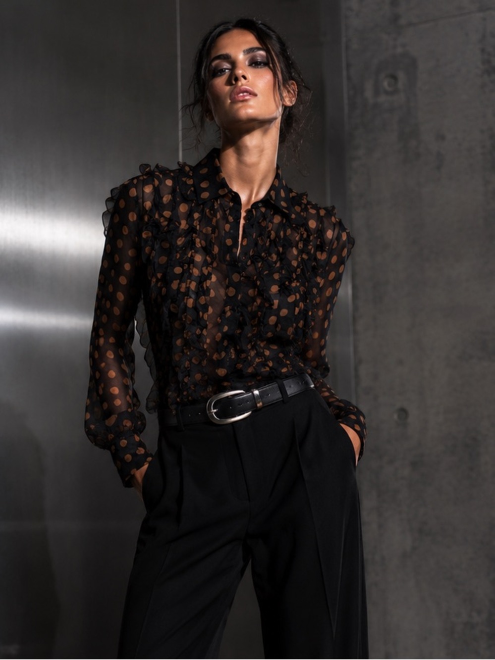 Just Cavalli Roberto Cavalli Silk Ruffle Polka Dot Button Down Blouse Y2K